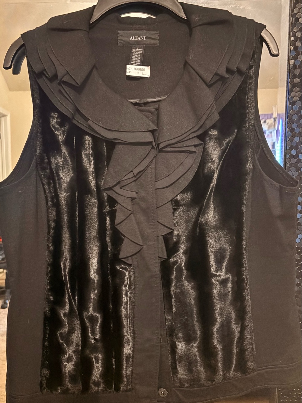 Alfani Black Sleeveless Ruffled Velvet-Panel Blouse